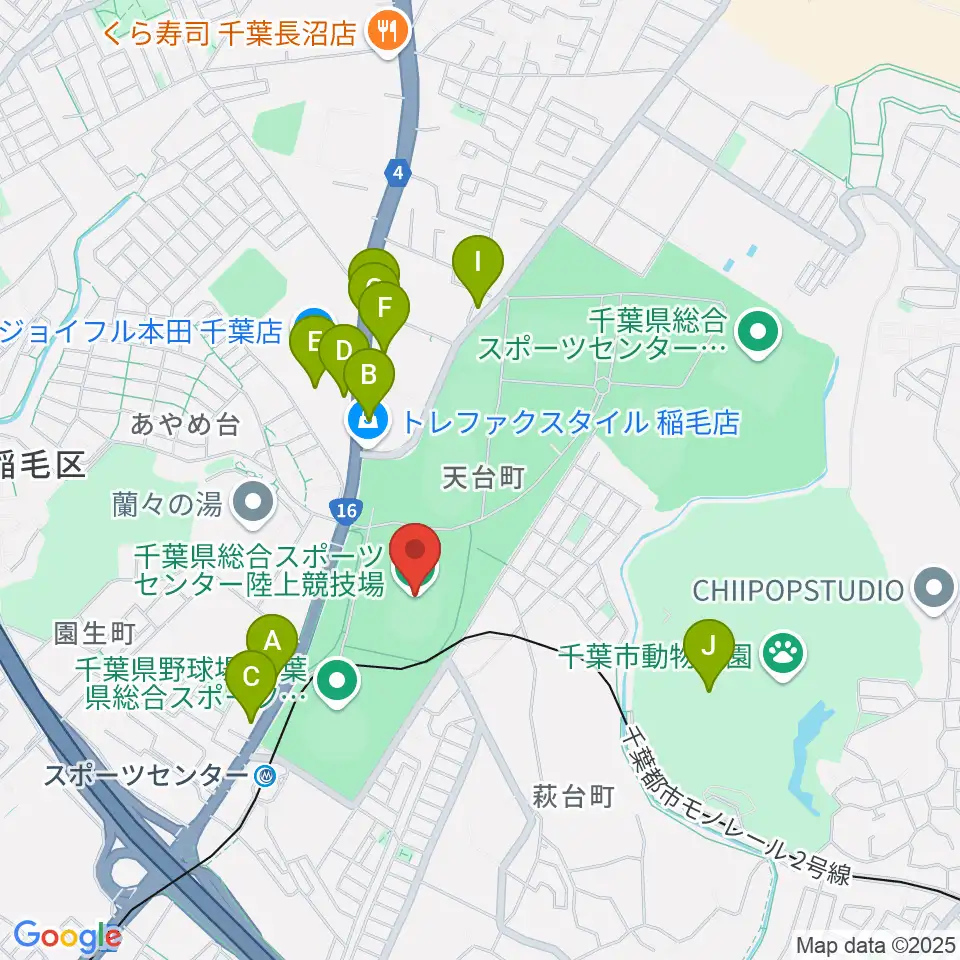 千葉県総合スポーツセンター陸上競技場周辺のファミレス・ファーストフード一覧地図