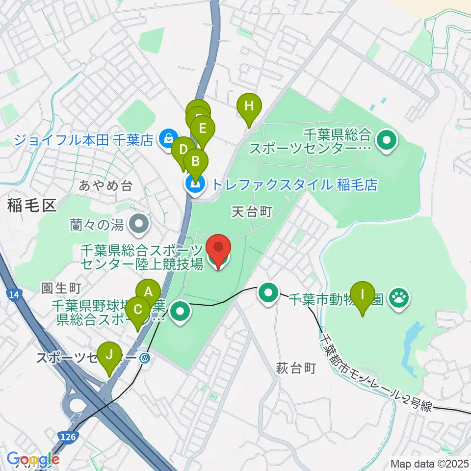 千葉県総合スポーツセンター陸上競技場周辺のファミレス・ファーストフード一覧地図