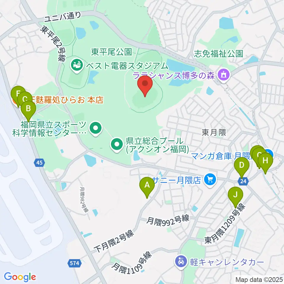 東平尾公園博多の森陸上競技場周辺のファミレス・ファーストフード一覧地図