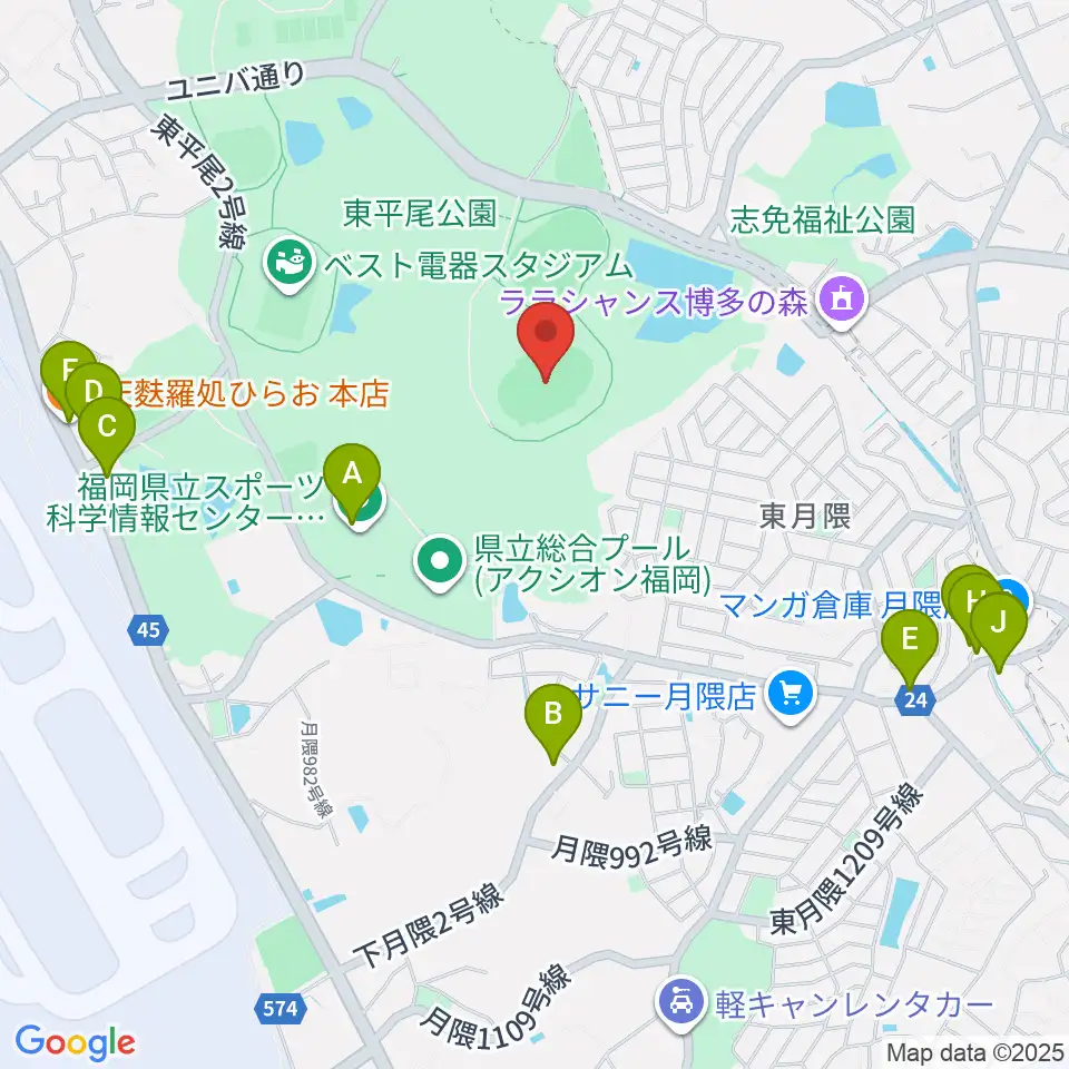 東平尾公園博多の森陸上競技場周辺のファミレス・ファーストフード一覧地図