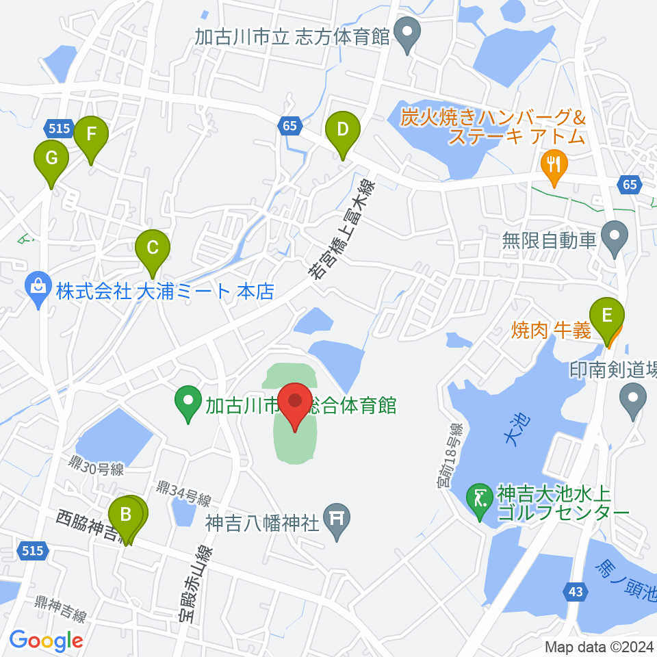 加古川運動公園陸上競技場周辺のファミレス・ファーストフード一覧地図