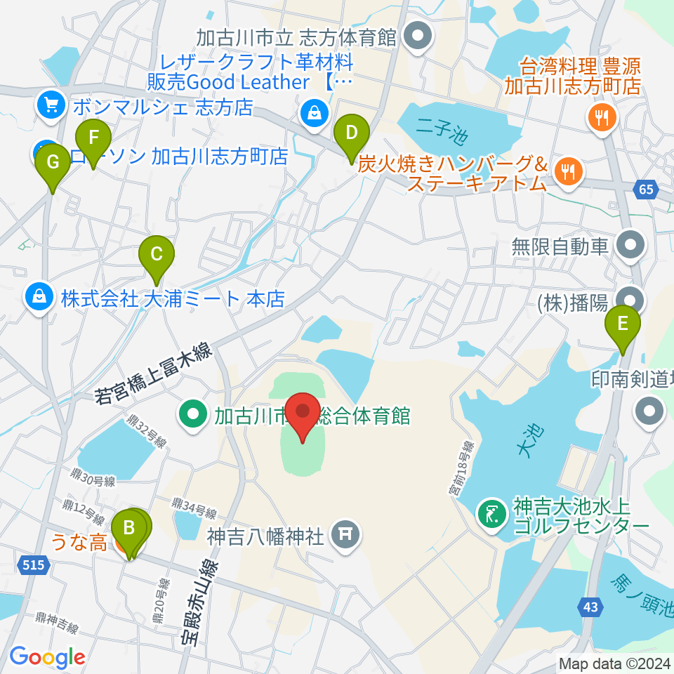 加古川運動公園陸上競技場周辺のファミレス・ファーストフード一覧地図