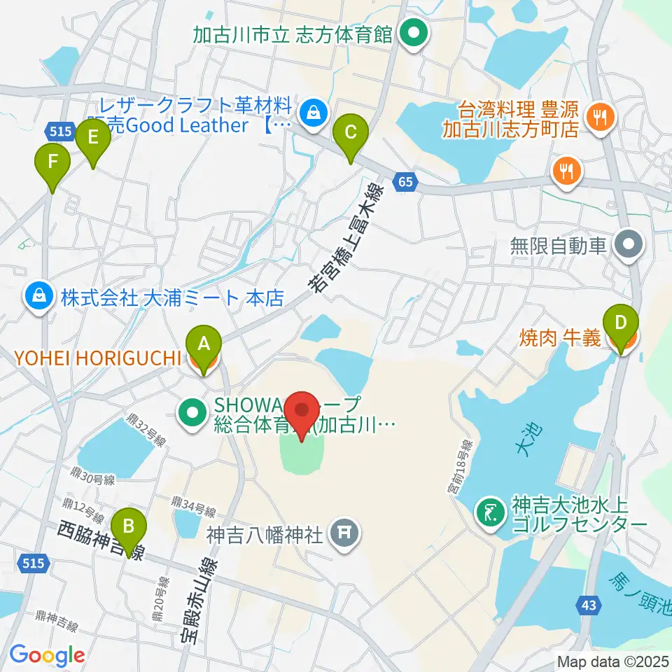 SHOWAグループ陸上競技場周辺のファミレス・ファーストフード一覧地図