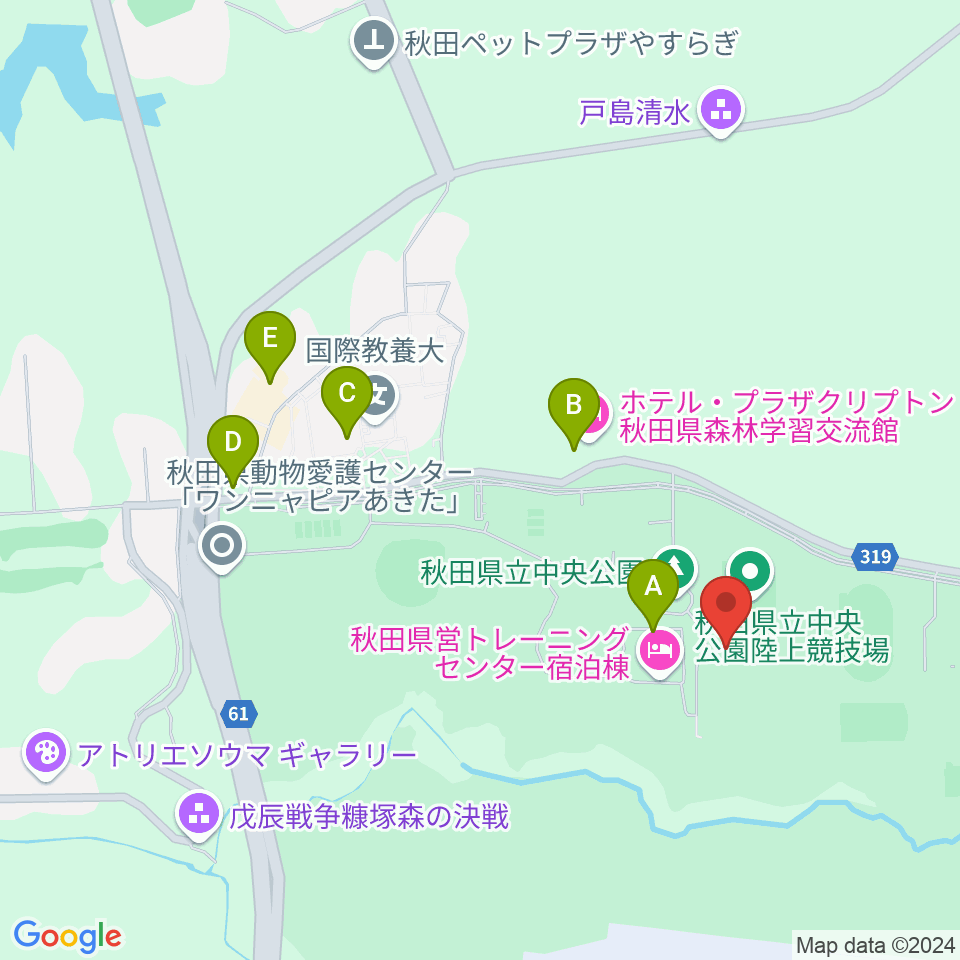 秋田県立中央公園陸上競技場周辺のファミレス・ファーストフード一覧地図