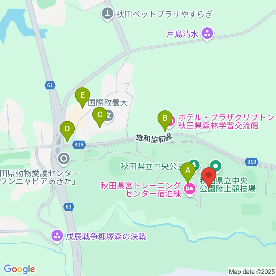 秋田県立中央公園陸上競技場周辺のファミレス・ファーストフード一覧地図