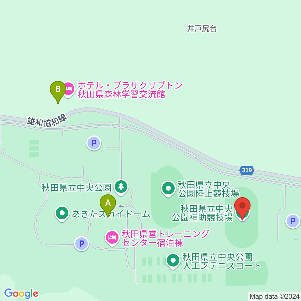 秋田県立中央公園補助陸上競技場周辺のファミレス・ファーストフード一覧地図