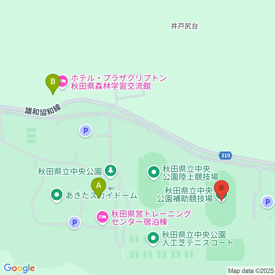 秋田県立中央公園補助陸上競技場周辺のファミレス・ファーストフード一覧地図