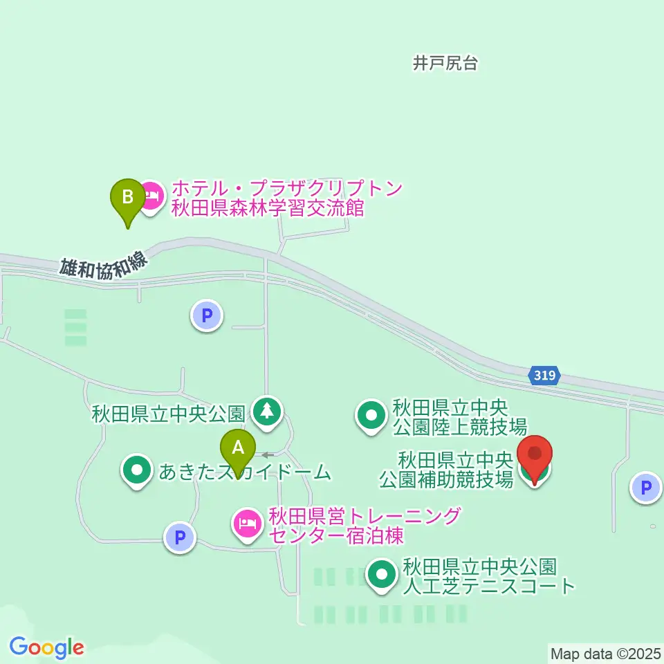 秋田県立中央公園補助陸上競技場周辺のファミレス・ファーストフード一覧地図