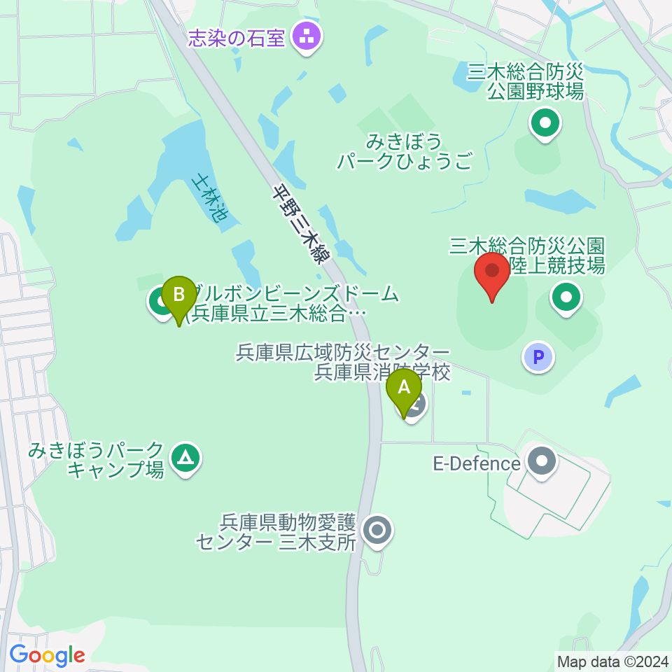 三木総合防災公園陸上競技場周辺のファミレス・ファーストフード一覧地図