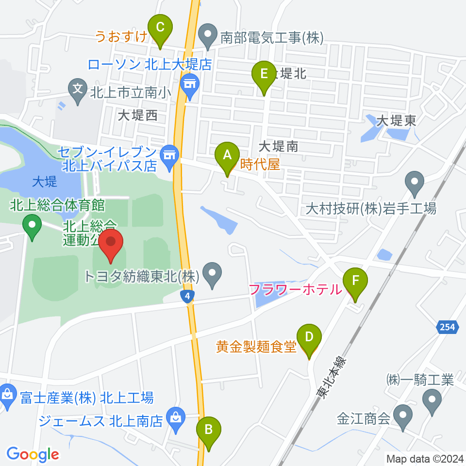 ウエスタンデジタルスタジアムきたかみ周辺のファミレス・ファーストフード一覧地図