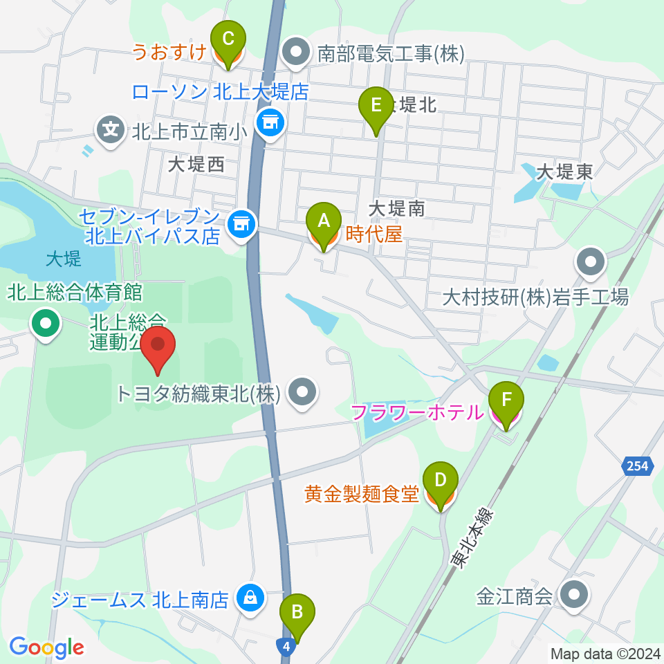 ウエスタンデジタルスタジアムきたかみ周辺のファミレス・ファーストフード一覧地図