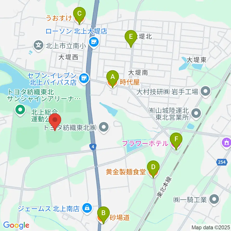 ウエスタンデジタルスタジアムきたかみ周辺のファミレス・ファーストフード一覧地図