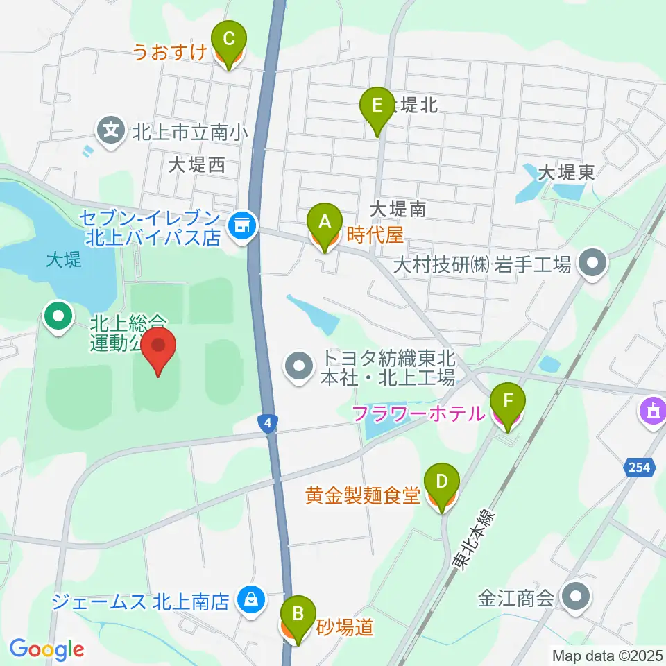 ウエスタンデジタルスタジアムきたかみ周辺のファミレス・ファーストフード一覧地図