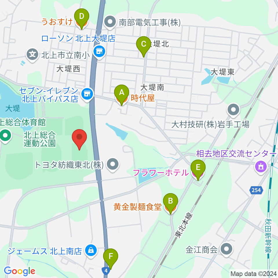 北上陸上補助競技場周辺のファミレス・ファーストフード一覧地図