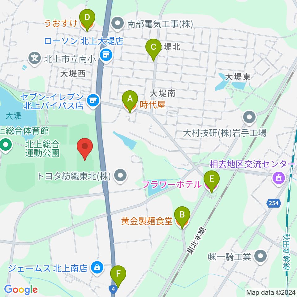 北上陸上補助競技場周辺のファミレス・ファーストフード一覧地図