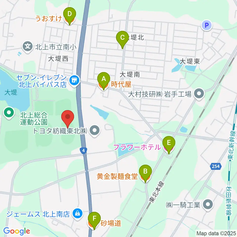 北上陸上補助競技場周辺のファミレス・ファーストフード一覧地図
