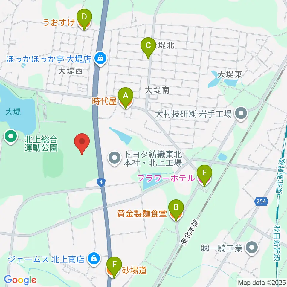 北上陸上補助競技場周辺のファミレス・ファーストフード一覧地図