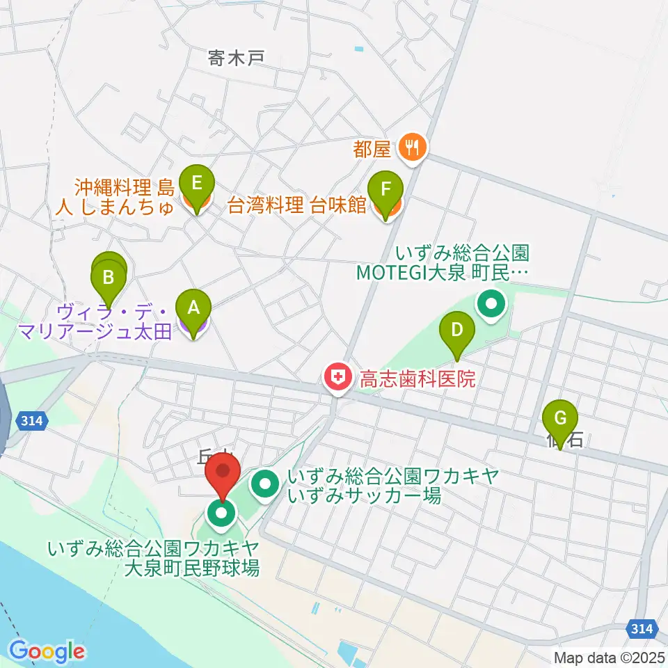いずみ総合公園ワカキヤ大泉町民野球場周辺のファミレス・ファーストフード一覧地図