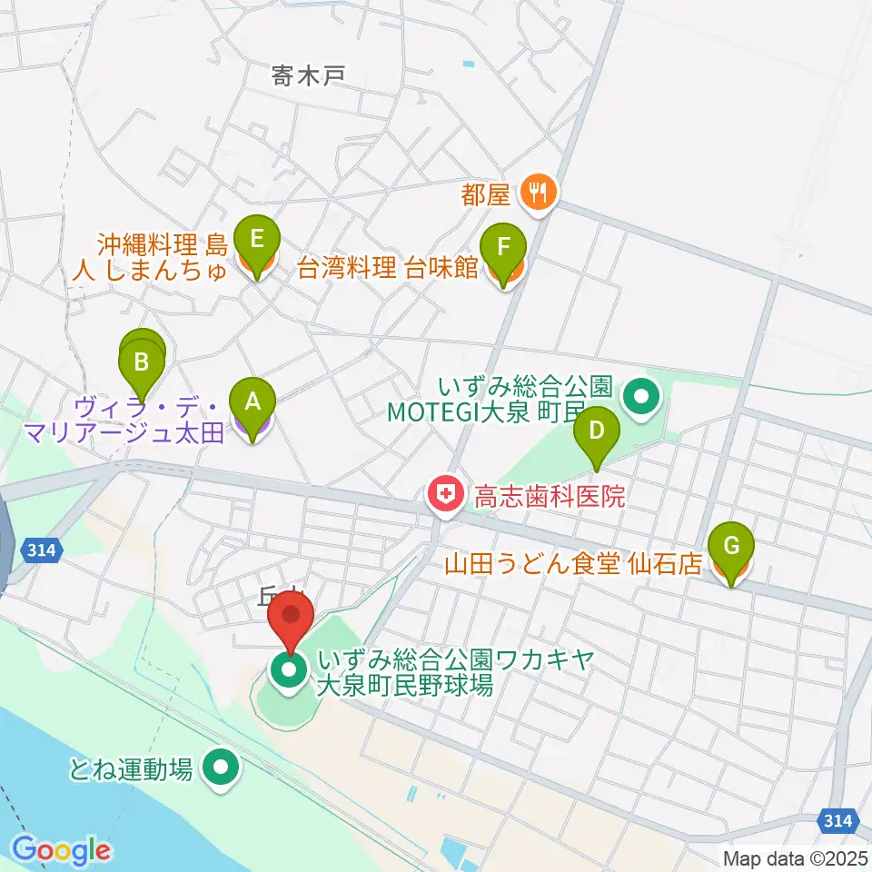 いずみ総合公園ワカキヤ大泉町民野球場周辺のファミレス・ファーストフード一覧地図