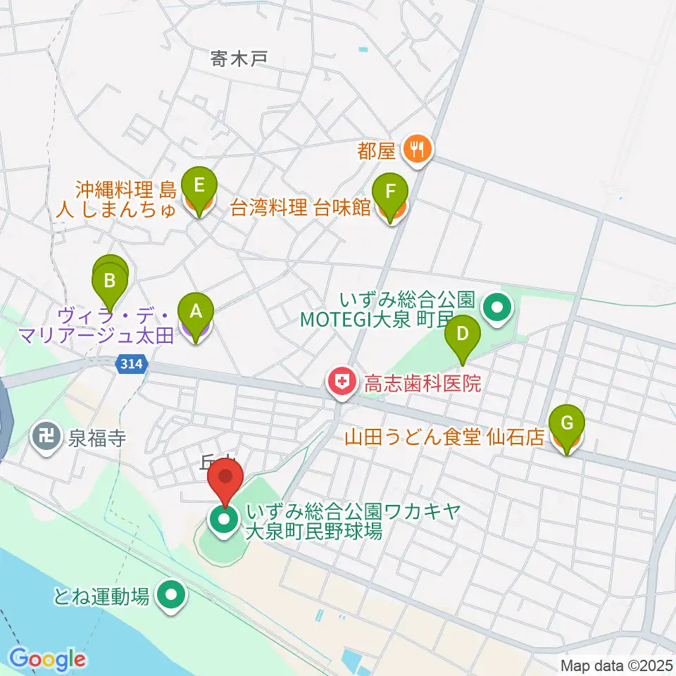 いずみ総合公園ワカキヤ大泉町民野球場周辺のファミレス・ファーストフード一覧地図