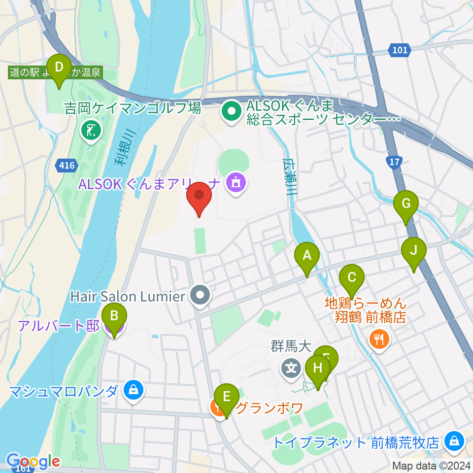 ALSOKぐんまサブアリーナ周辺のファミレス・ファーストフード一覧地図