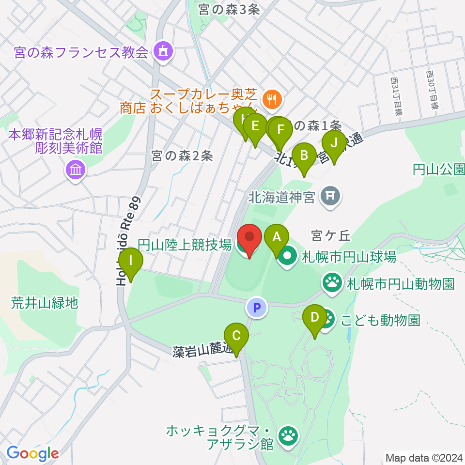 札幌市円山競技場周辺のファミレス・ファーストフード一覧地図