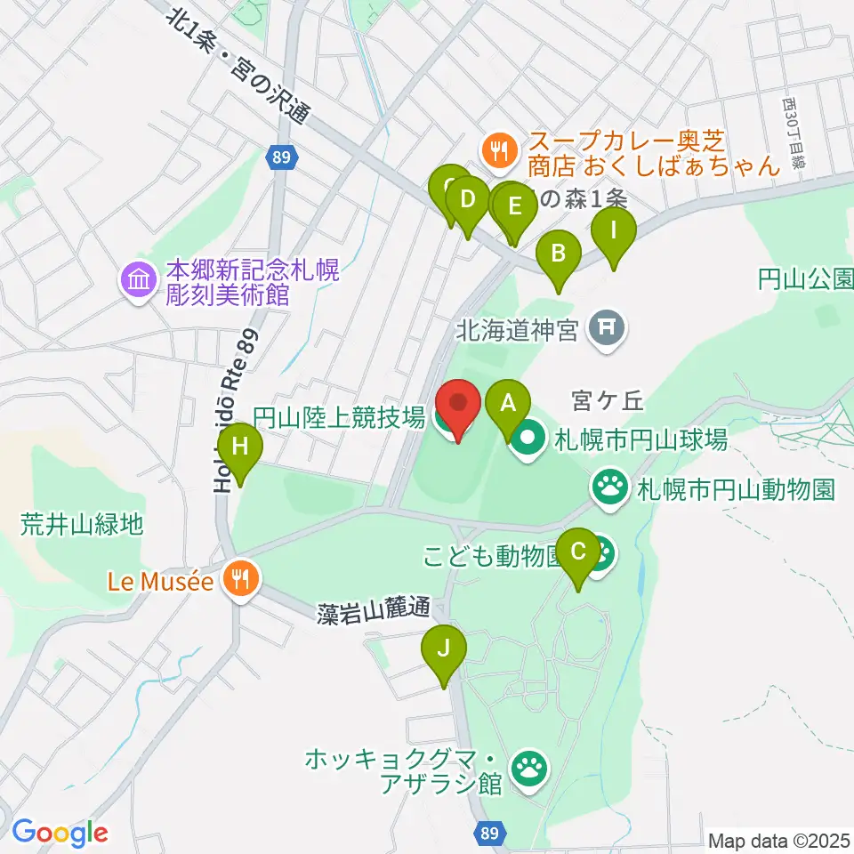 札幌市円山競技場周辺のファミレス・ファーストフード一覧地図