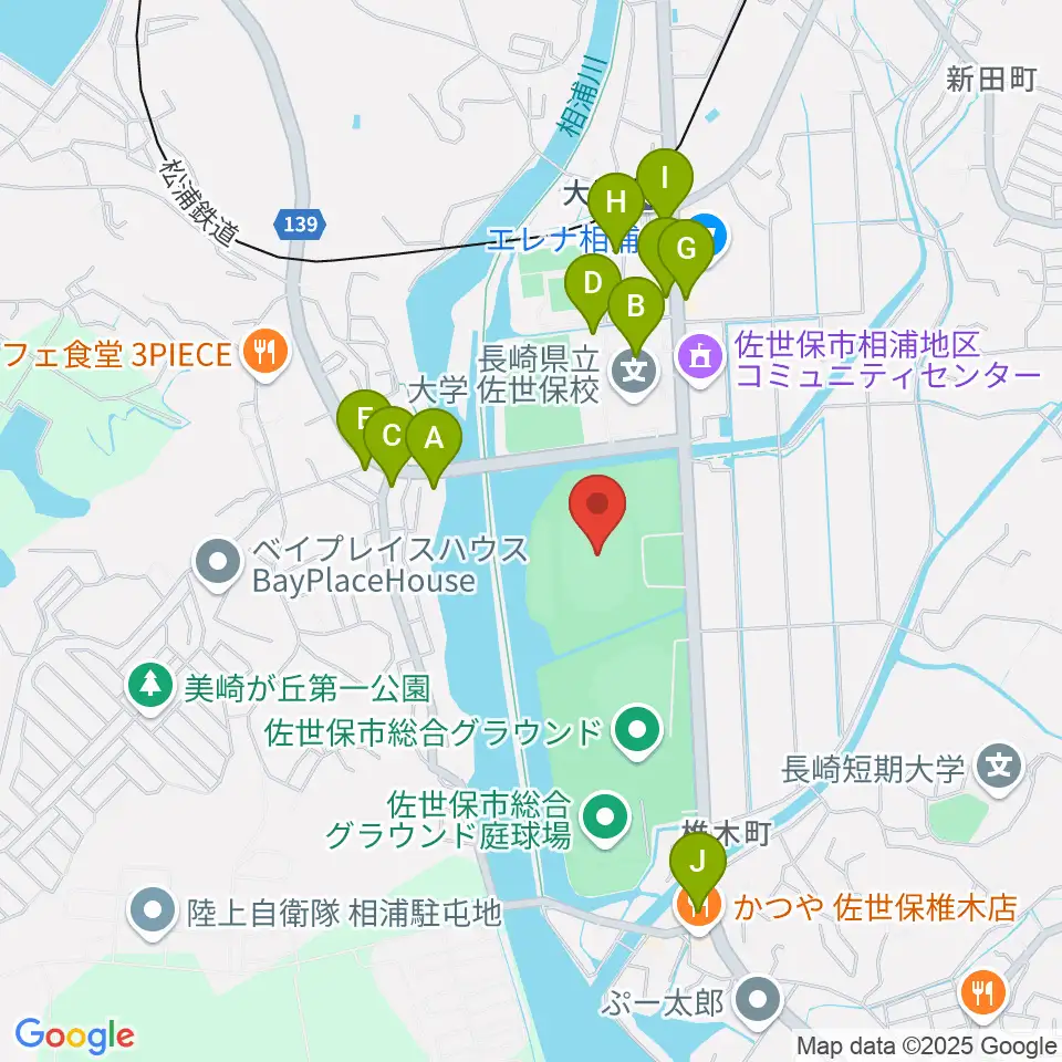 佐世保市総合グラウンド陸上競技場周辺のファミレス・ファーストフード一覧地図
