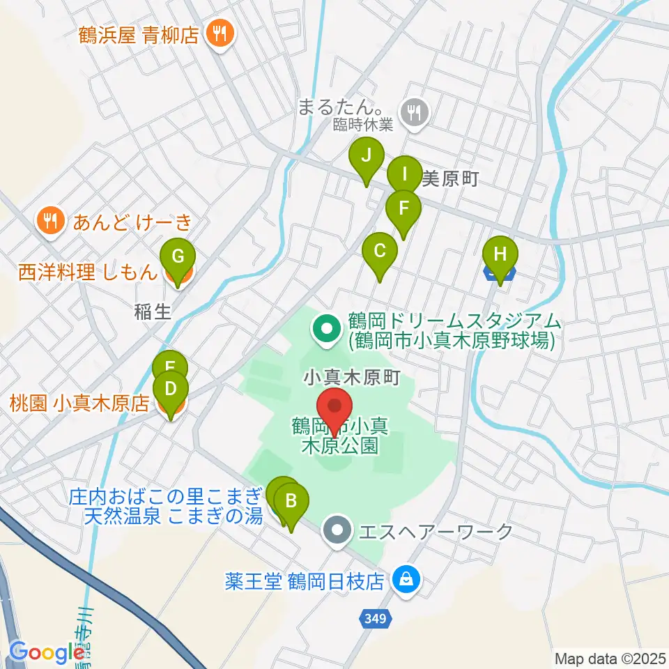 小真木原陸上競技場周辺のファミレス・ファーストフード一覧地図