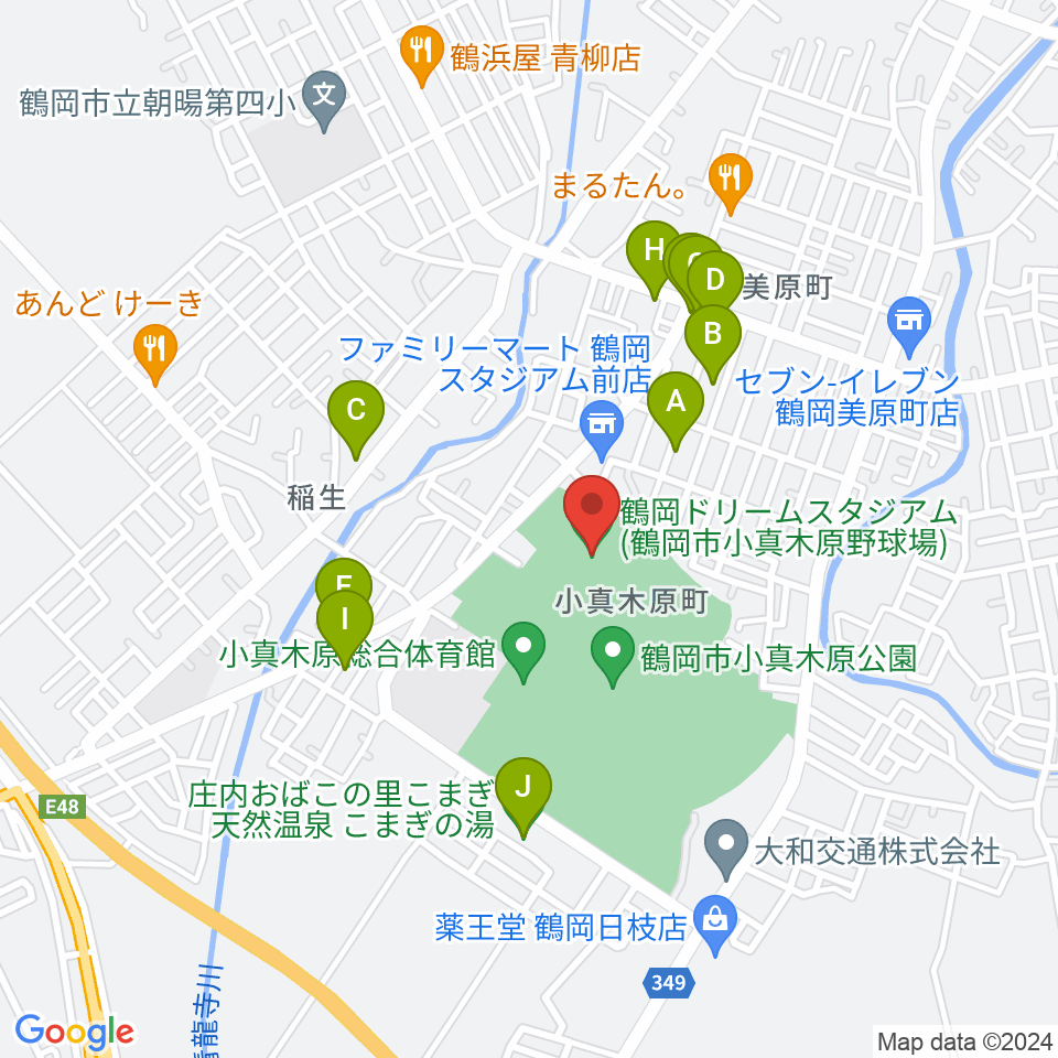 鶴岡ドリームスタジアム周辺のファミレス・ファーストフード一覧地図