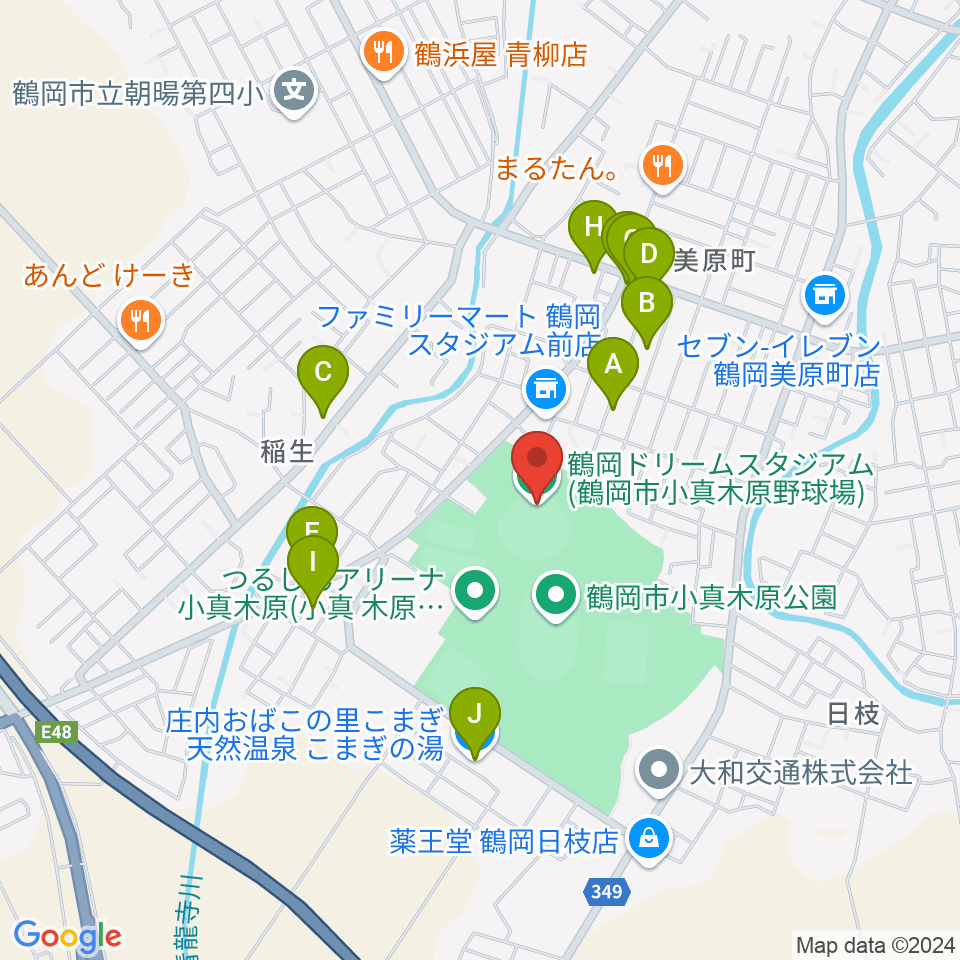 鶴岡ドリームスタジアム周辺のファミレス・ファーストフード一覧地図