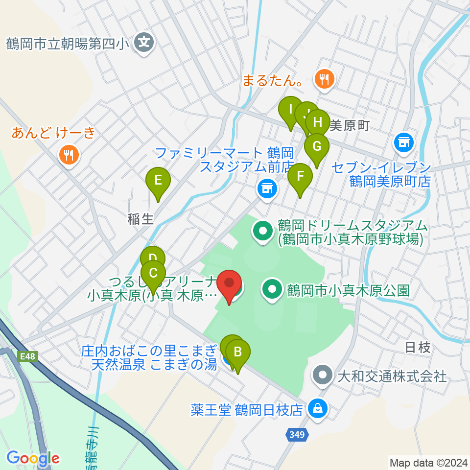 つるしんアリーナ小真木原周辺のファミレス・ファーストフード一覧地図