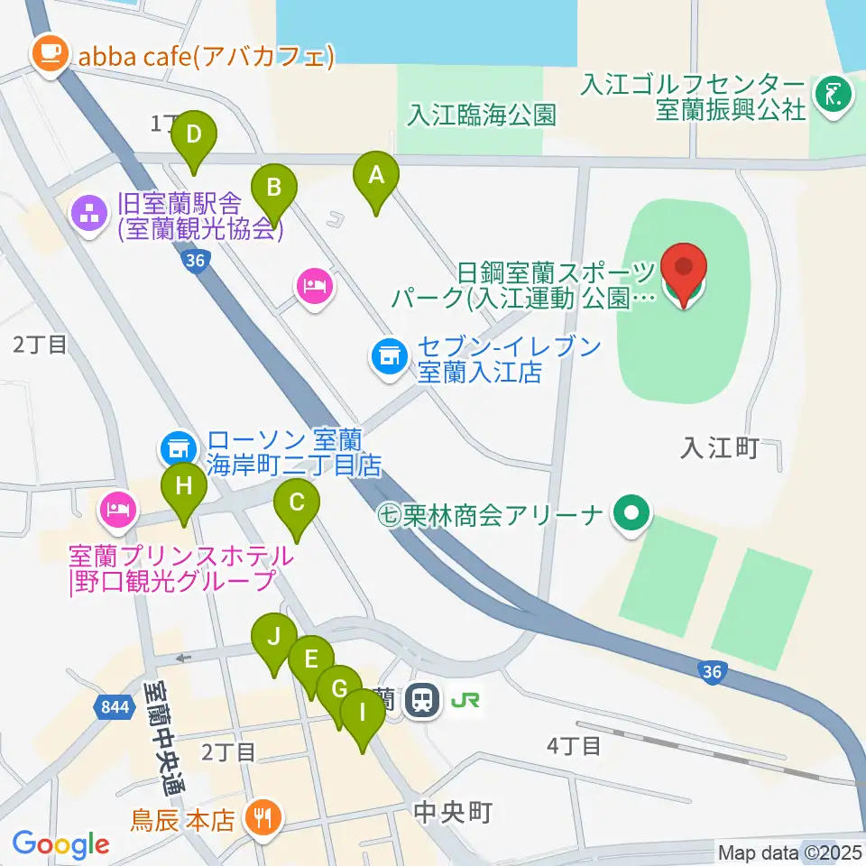 日鋼室蘭スポーツパーク周辺のファミレス・ファーストフード一覧地図