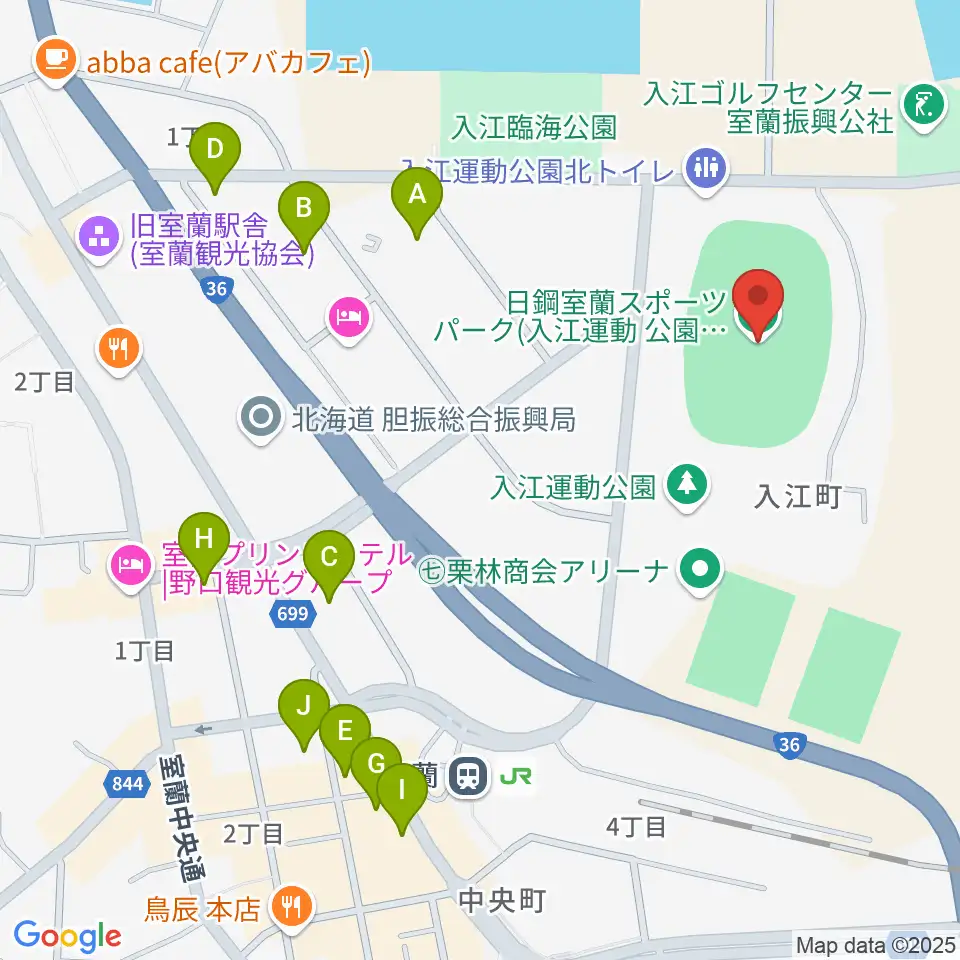 日鋼室蘭スポーツパーク周辺のファミレス・ファーストフード一覧地図