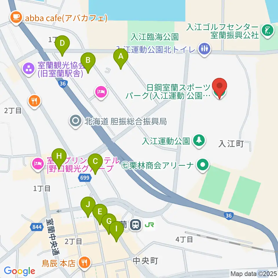 日鋼室蘭スポーツパーク周辺のファミレス・ファーストフード一覧地図