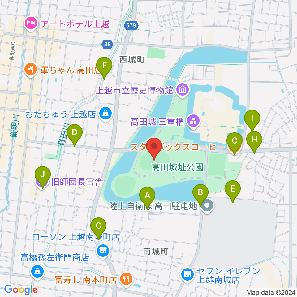 高田城址公園陸上競技場周辺のファミレス・ファーストフード一覧地図