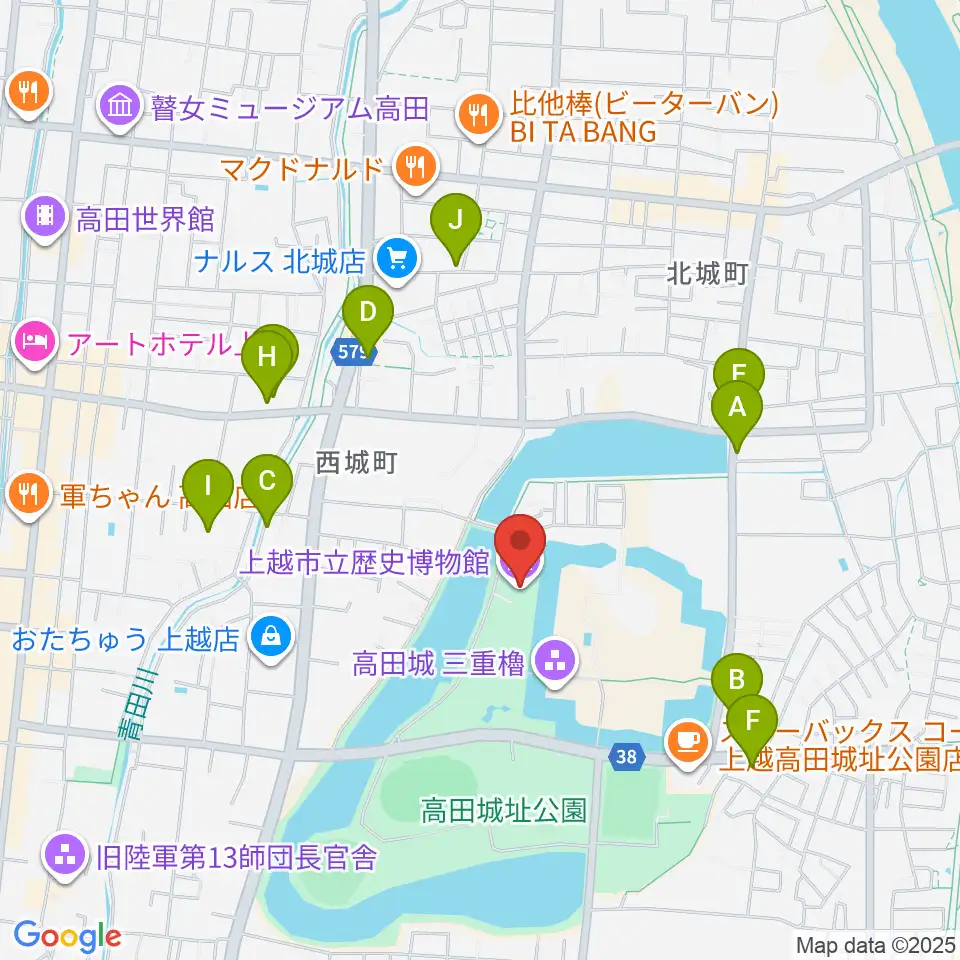 上越市立歴史博物館周辺のファミレス・ファーストフード一覧地図