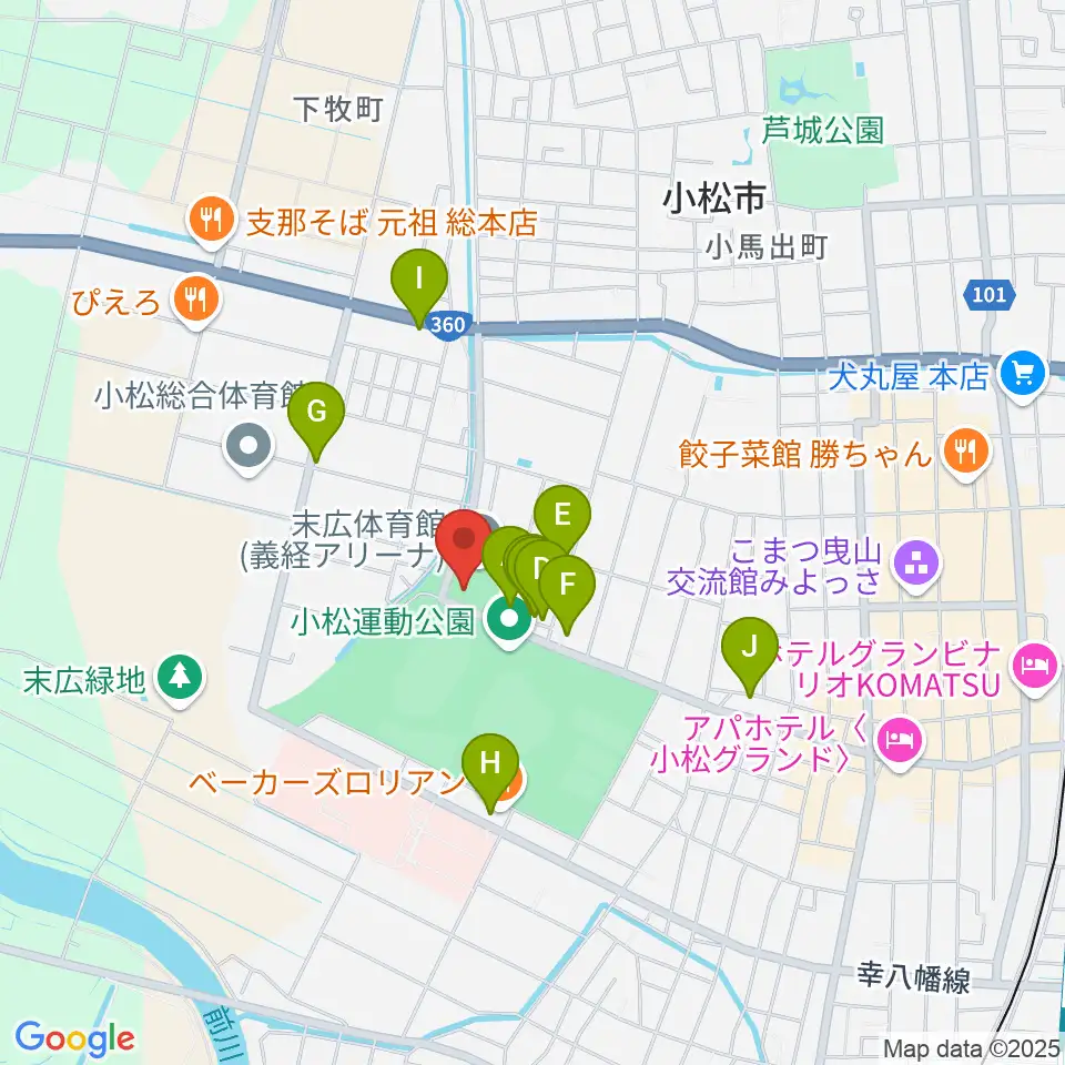 義経アリーナ周辺のファミレス・ファーストフード一覧地図