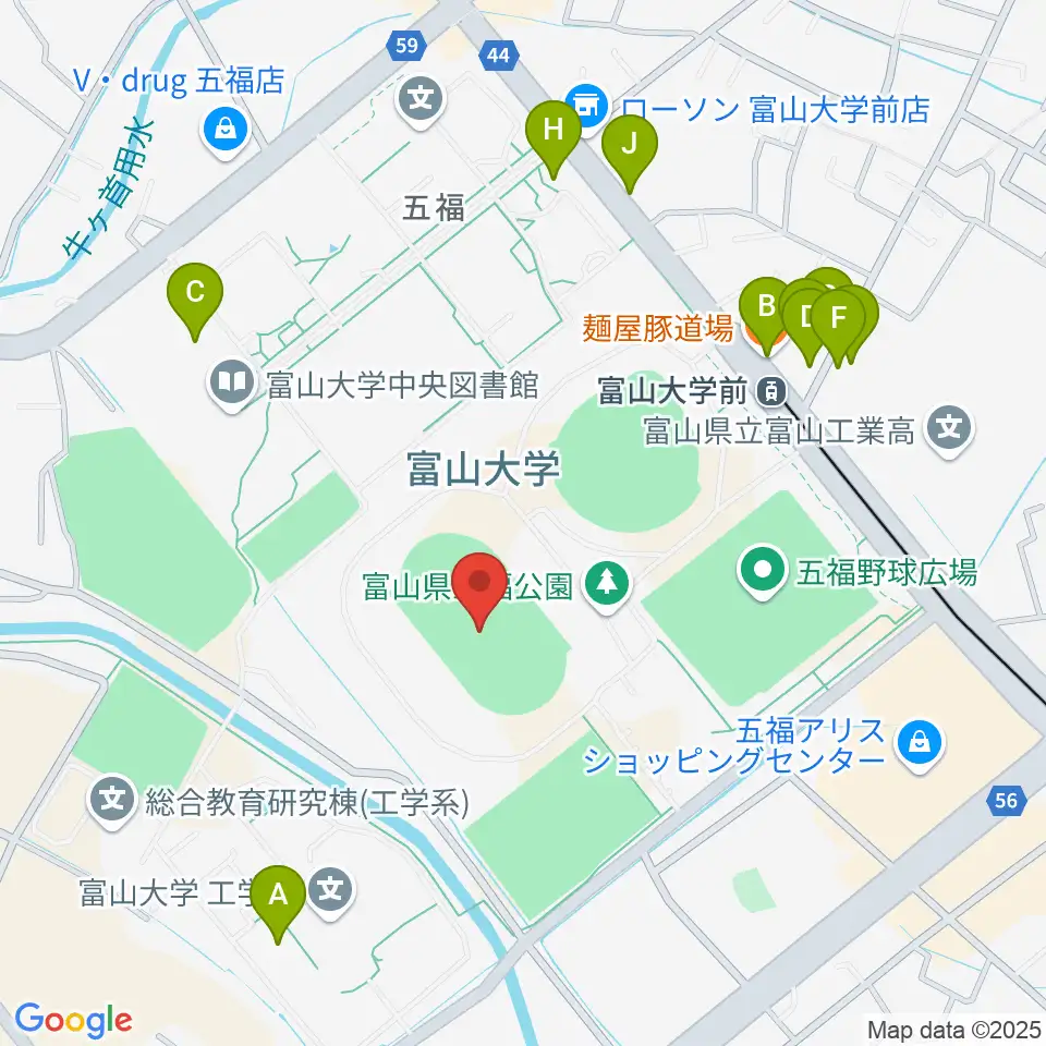 五福陸上競技場周辺のファミレス・ファーストフード一覧地図