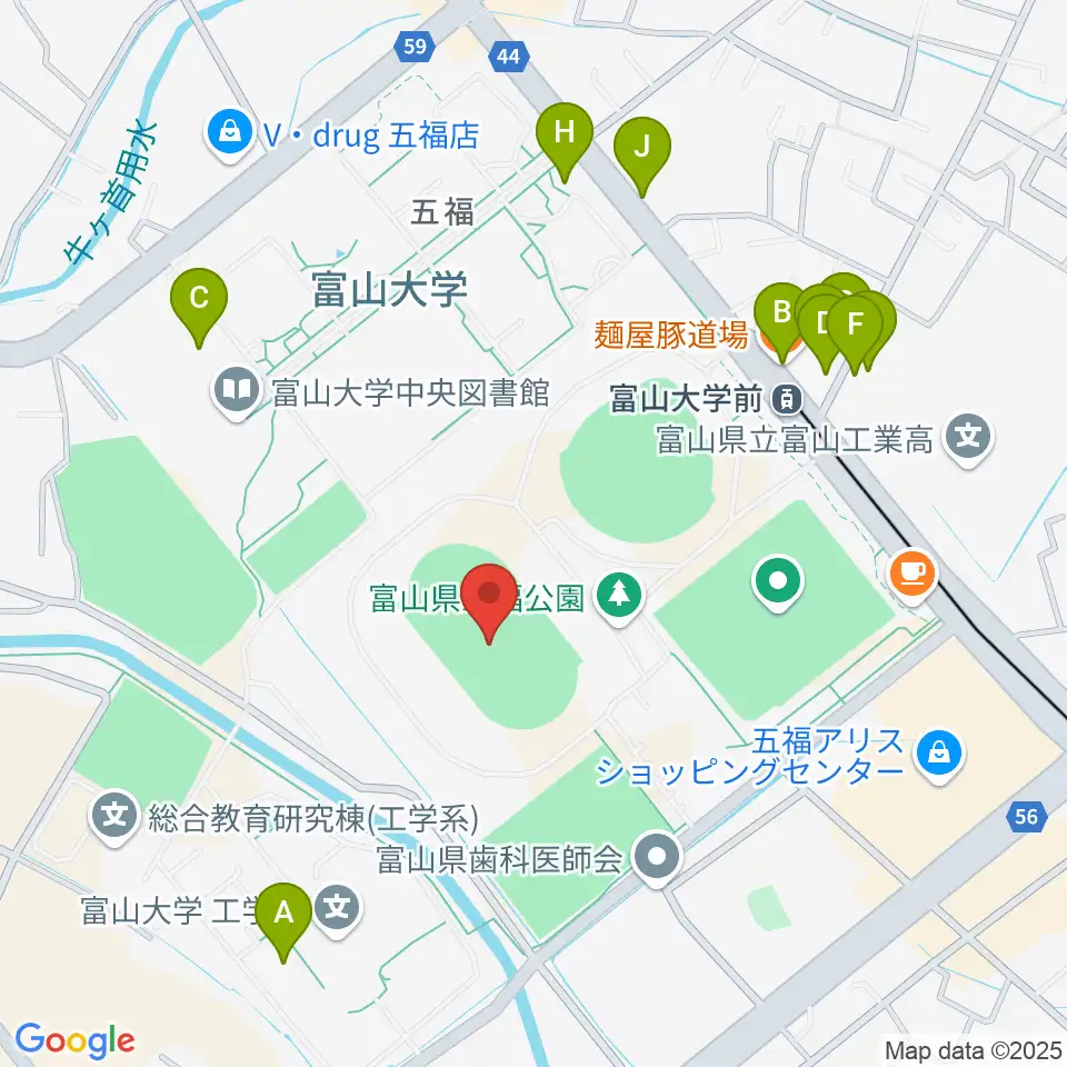 五福陸上競技場周辺のファミレス・ファーストフード一覧地図