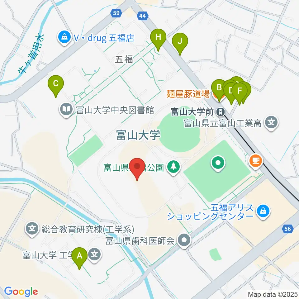 五福陸上競技場周辺のファミレス・ファーストフード一覧地図