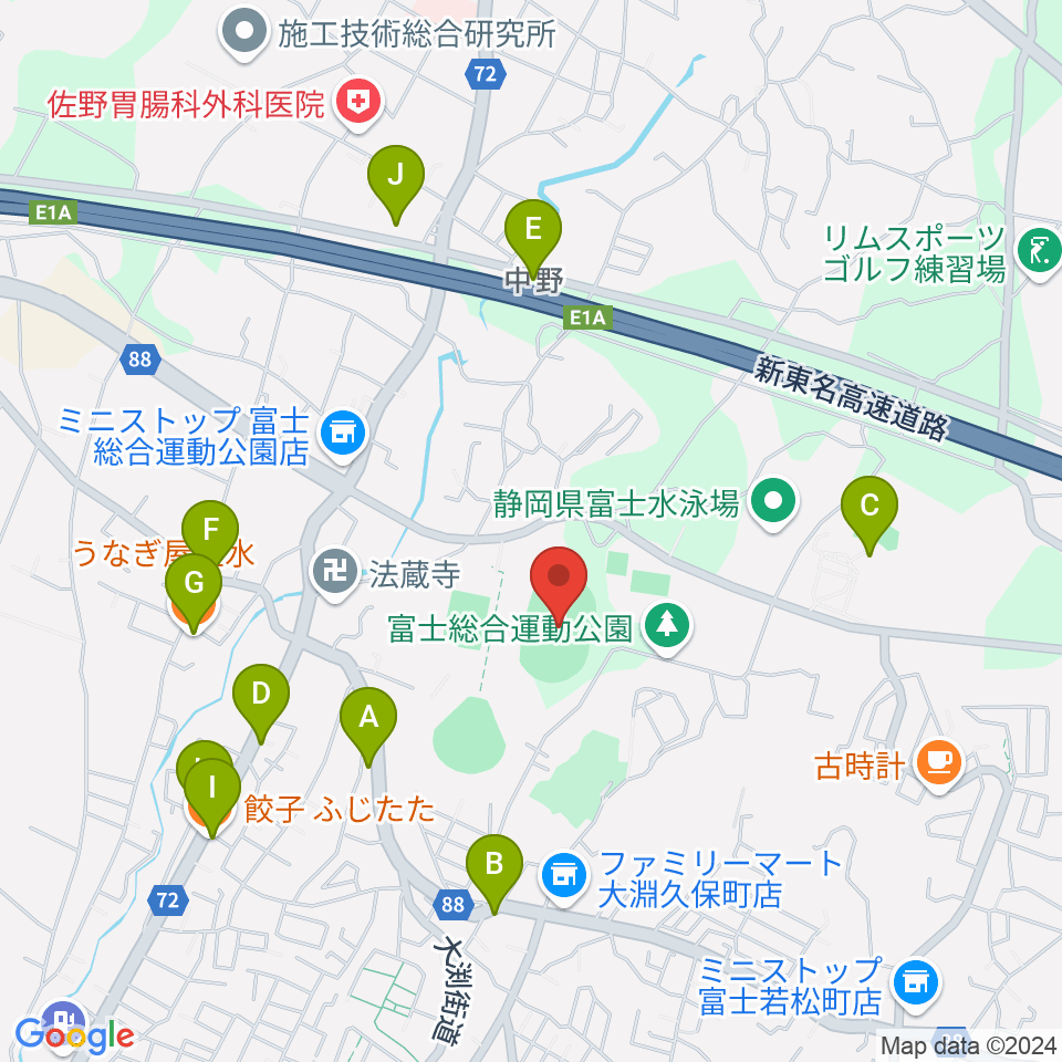 富士総合運動公園陸上競技場周辺のファミレス・ファーストフード一覧地図