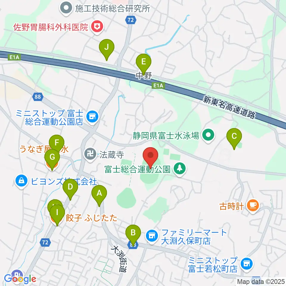 富士総合運動公園陸上競技場周辺のファミレス・ファーストフード一覧地図