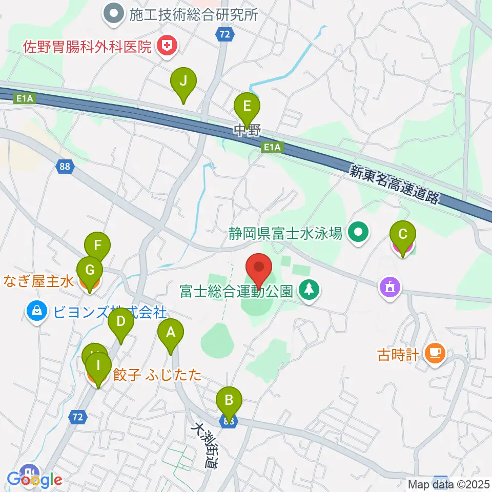富士総合運動公園陸上競技場周辺のファミレス・ファーストフード一覧地図