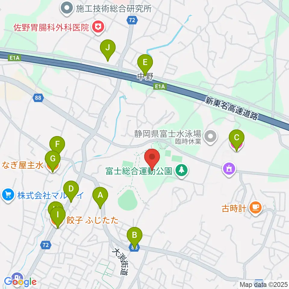 富士総合運動公園陸上競技場周辺のファミレス・ファーストフード一覧地図