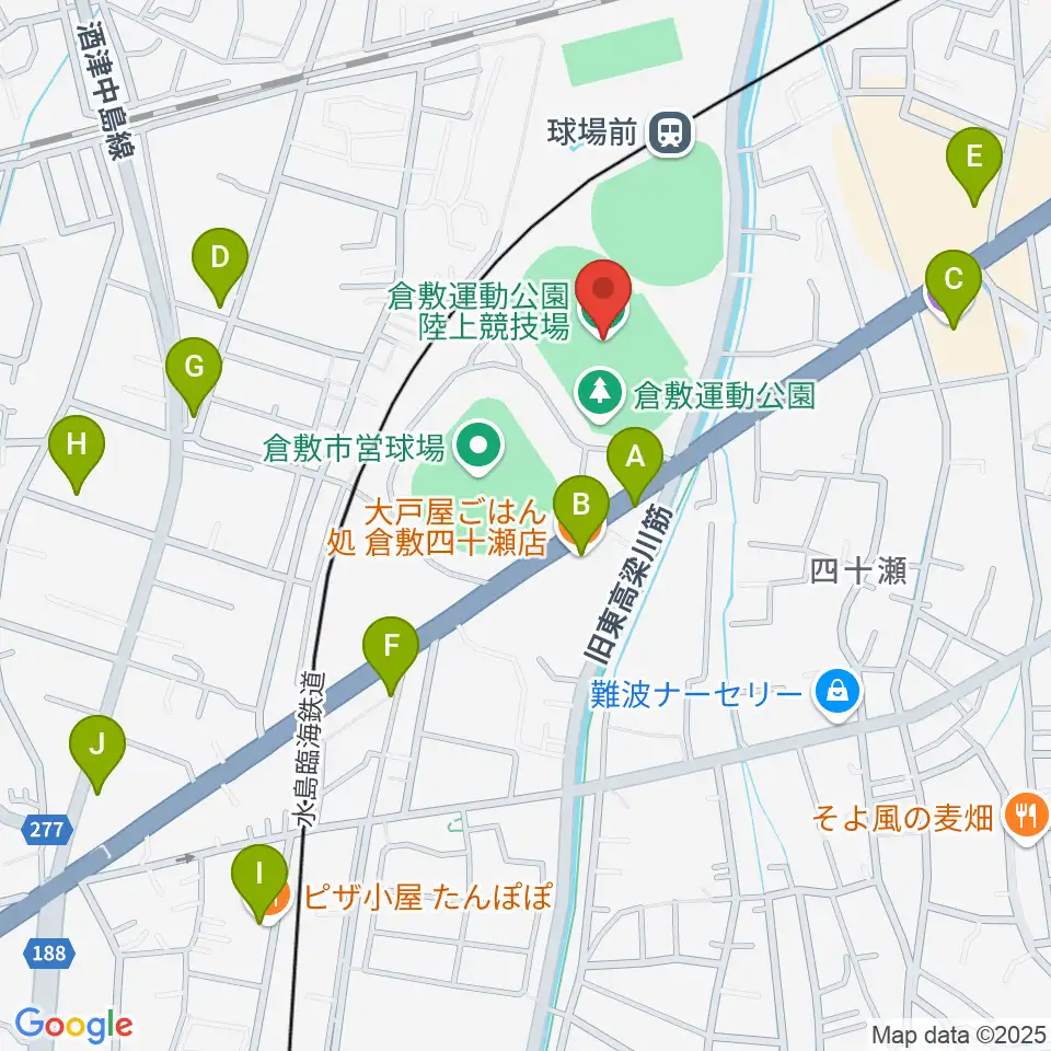 倉敷運動公園陸上競技場周辺のファミレス・ファーストフード一覧地図
