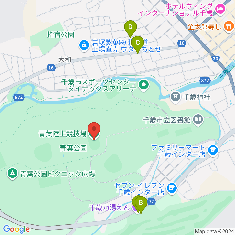 青葉陸上競技場周辺のファミレス・ファーストフード一覧地図