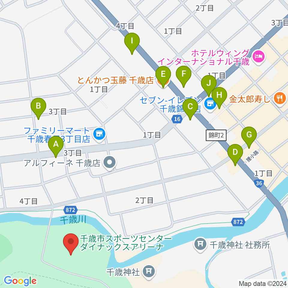 ダイナックスアリーナ周辺のファミレス・ファーストフード一覧地図