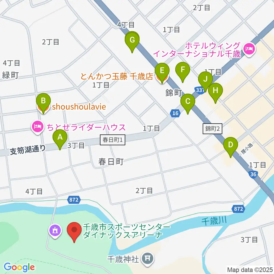 ダイナックスアリーナ周辺のファミレス・ファーストフード一覧地図