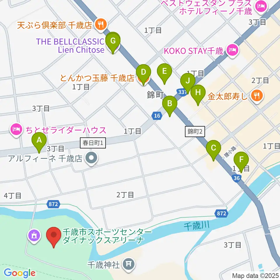 ダイナックスアリーナ周辺のファミレス・ファーストフード一覧地図